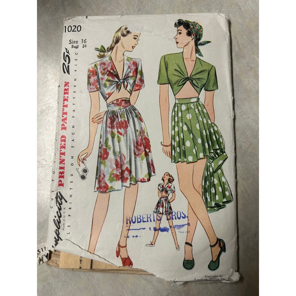Vintage 40's Simplicity Pattern #1020 Misses Women's Tops Shorts Skirts Size 16